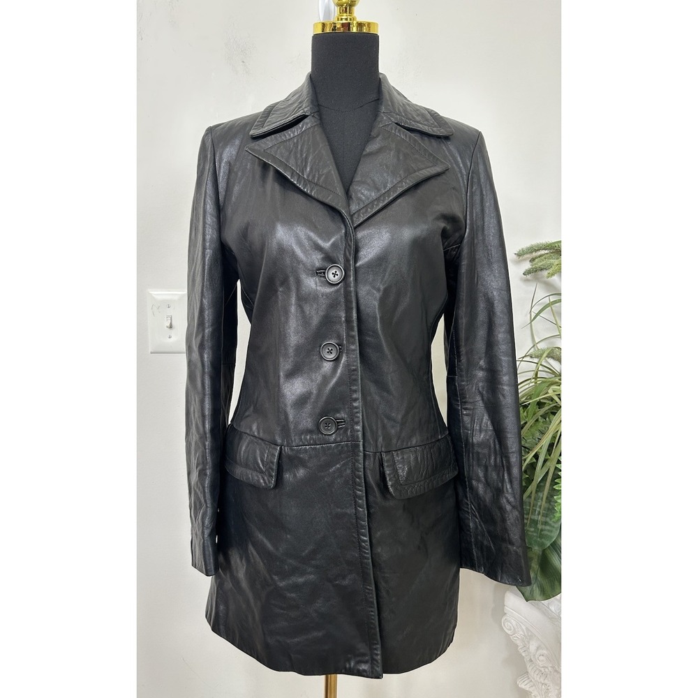 Vtg Banana Republic Black Leather Jacket Trench Coat M 90s Matrix Whimsigoth